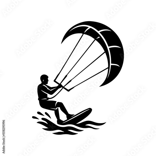 Kiteboard sport icon rider on board with kite surfing on water outdoors transparent background
