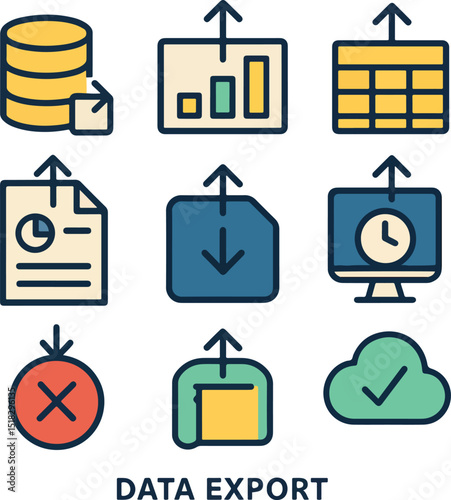 Nine data export icons database chart table file computer cloud with arrows indicating data flow