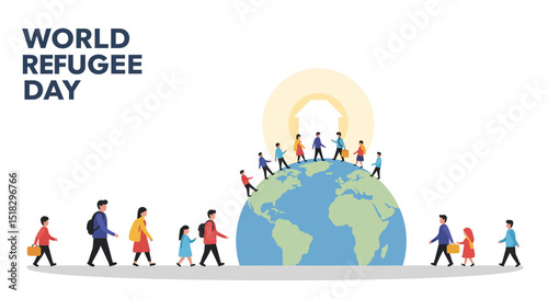 World Refugee Day illustration of people seeking shelter and global migration