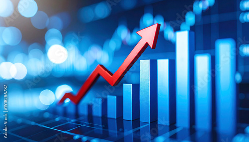 Rising Graph with Red Arrow on Blue Background Showing Growth in Business and Financial Data Visualization Concepts