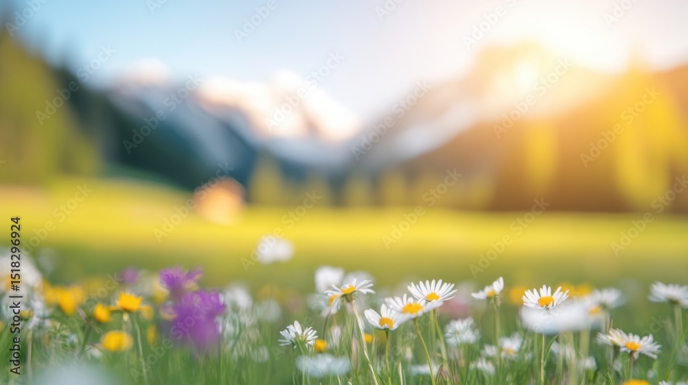Fototapeta premium Bright flowers bloom in a serene valley surrounded by majestic mountains