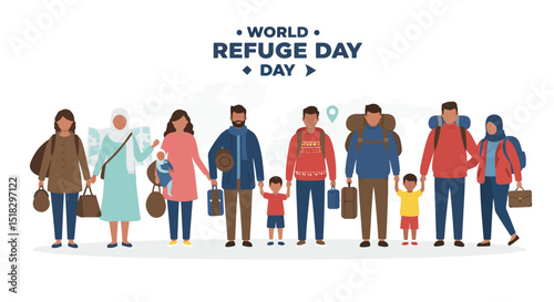 World Refugee Day Illustration with Diverse Families Carrying Belongings and Holding Hands