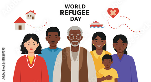 World Refugee Day illustration with diverse people homes boat and heart
