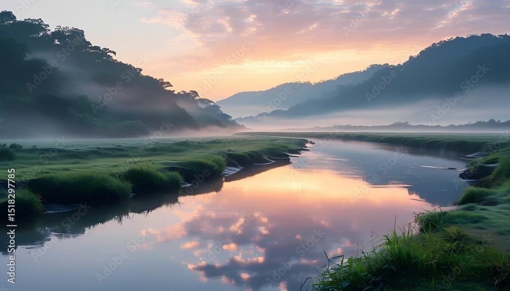 Fototapeta premium A tranquil bay surrounded by forested hills with the rising sun casting soft light over still water and a few low clouds glowing gently in the early sky