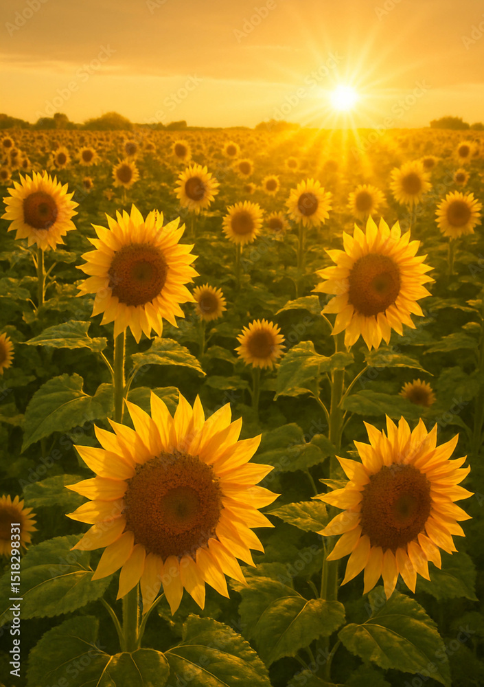 Obraz premium Golden Sunset Over a Field of Sunflowers..