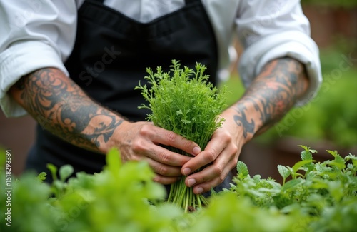 Male chef with tattoos picks fresh herbs from restaurant garden. Man harvests organic greenery for culinary creations. Kitchen garden fresh ingredients for fine dining dishes.