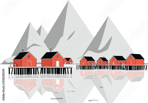 Flat vector illustration of Reine village in the Lofoten Islands, Norway, with red fishermen cabins (rorbuer) 
