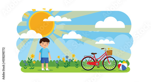 Boy with Bicycle and Beach Ball on a Sunny Summer Day