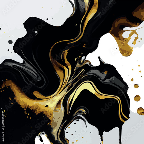 Marble texture design, colorful black gold marble surface, curved lines, bright abstract background design - Vector illustration