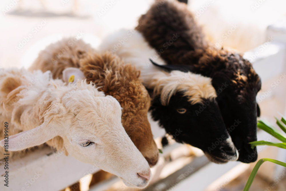 Fototapeta premium Many multi-colored sheep are about to eat food.