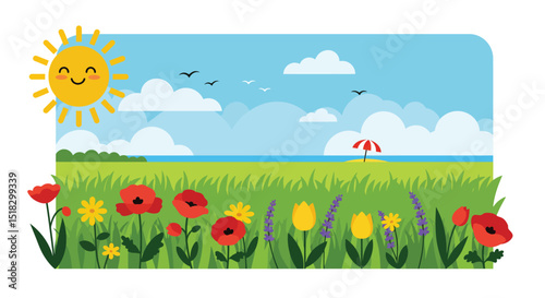 Cartoon Summer Landscape with Flowers Grass Sea Beach and Smiling Sun