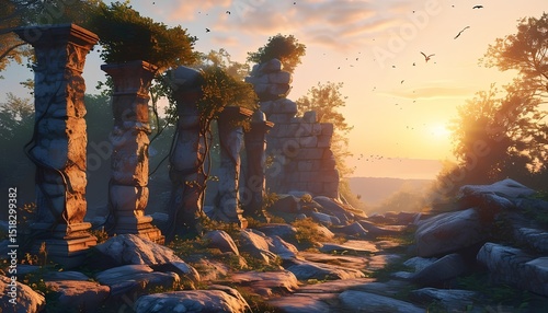 Old stone ruins partially overgrown by nature bathed in a warm peaceful sunrise light with trees and vines framing the view and birds in the distant sky