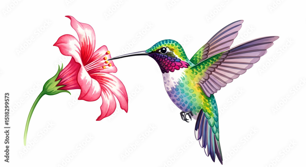 Fototapeta premium Hummingbird Feeding: Vibrant Bird and Flower Illustration