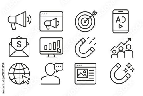 Digital marketing icons representing advertising strategies for online engagement and audience targeting
