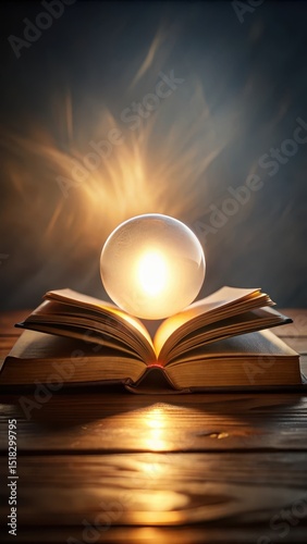 A soft glow emanates from the center of a glowing orb as it slowly rises from a leather-bound tome