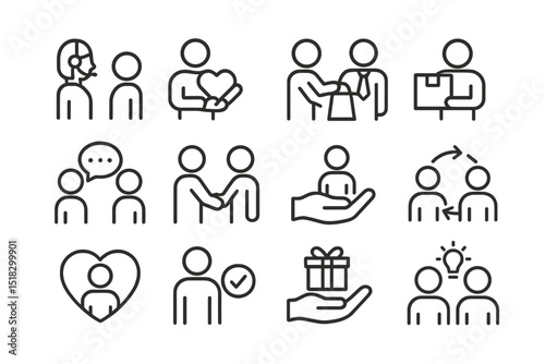 Various icons depicting teamwork, communication, and support in professional settings during the daytime