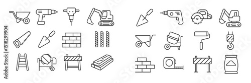 Construction tools and equipment depicted in a simple line art design showcasing essential items for building projects
