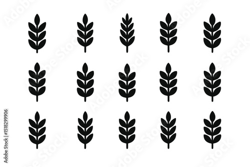 Black leaf silhouettes arranged in a neat grid pattern on a white background for design purposes