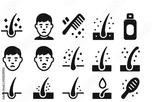 Hair care symbols and icons depicting hair loss treatment methods and emotional responses in a minimalist style
