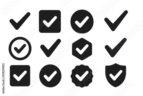 Collection of black check marks and symbols for confirmation and approval in various shapes and sizes
