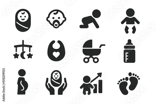 Icons representing various stages and activities of early childhood development including babies, crawling, and caregiving