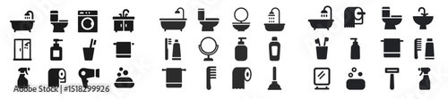 Various icons representing bathroom and cleaning tools displayed in a grid layout, designed for practical use and clarity