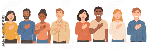 Diverse group of people showing unity and respect with hand over heart gesture in a cheerful setting