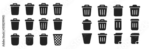 Various types of trash bins and containers displayed in a grid format for waste management applications
