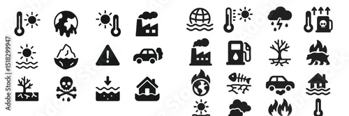 Icons depicting climate change effects with symbols representing temperature, pollution, and extreme weather conditions