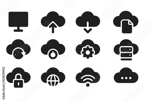 Collection of cloud computing icons illustrating various services and actions related to file management and security