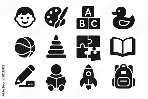 Educational activities for children featuring playful icons depicting learning, creativity, and exploration