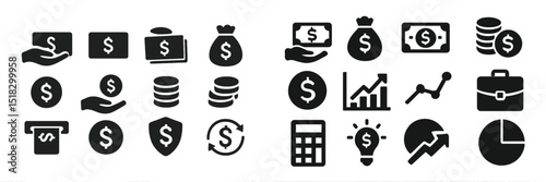 Icons representing financial concepts, transactions, and money management in black and white, ideal for finance-related projects