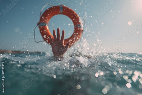 Drowning person with raised hand reaching for a life buoy in blue water, a person is drowning in the ocean and reaching for a life preserver