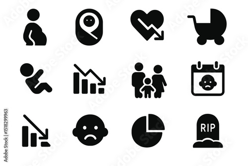 Icons representing various aspects of family, health, and life events in a minimalist style