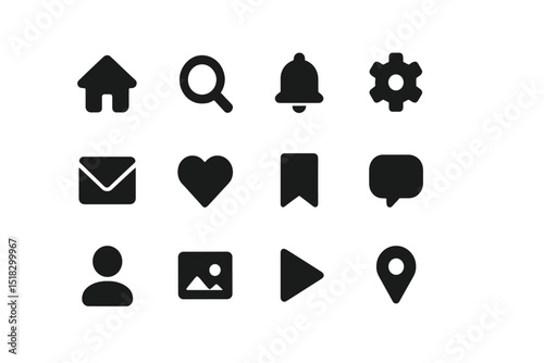 Variety of modern interface icons in black design for digital applications and websites displayed in a grid format