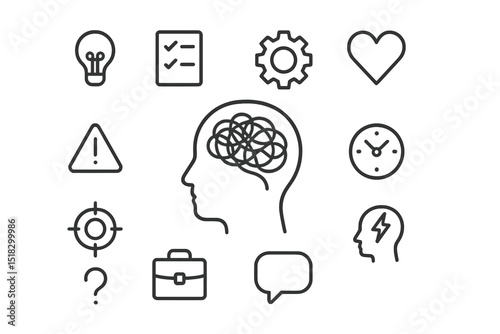 Visual representation of mental processes and emotions with various symbols displayed on a white background