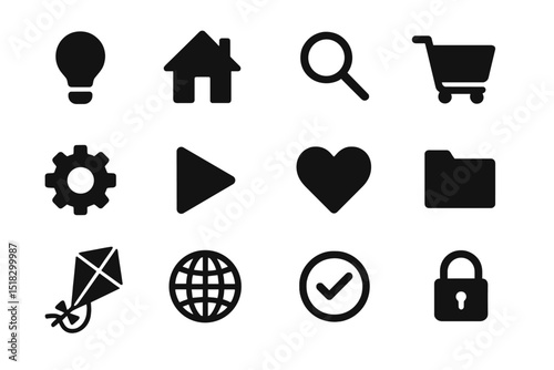 Various black icons representing common activities and concepts including adventure, navigation, and shopping arranged in a grid format
