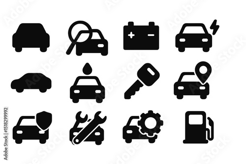 Car maintenance and service symbols showing important aspects of vehicle care and functionality