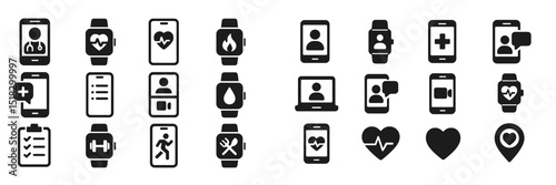 Icons representing digital health monitoring tools and applications for fitness tracking and telehealth communication