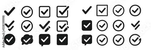 Variety of check mark symbols displayed in different shapes and styles on a simple background