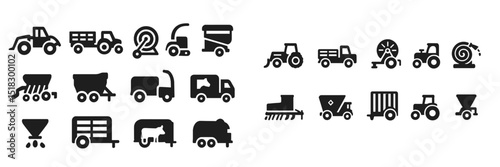 Collection of agricultural vehicle and equipment icons depicting farming activities and machinery in a clear, geometric style