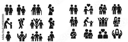 Icons representing family interactions and relationships in various settings across generations and activities