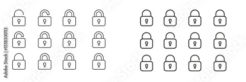 Various lock designs displayed in a grid showing both open and closed padlocks for security concepts