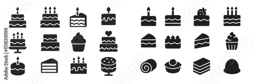 Various cake and dessert icons showcasing different styles, decorations, and flavors for celebrations and special occasions