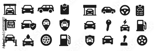 Icons representing various aspects of automobiles and vehicle services in a simple, modern style suitable for informative use