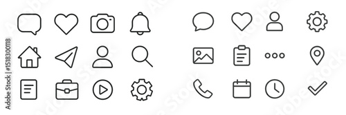 Collection of minimalist icons representing various common activities and functions in digital communication and social media