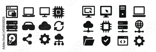 Icons representing technology components and digital activities including computers, servers, and data management