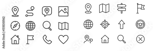 Line art collection of location and navigation icons with various symbols for maps and directions