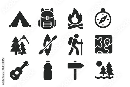 Camping icons featuring tents, backpacks, and outdoor activities in a monochrome style targeting adventure enthusiasts