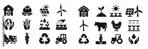 Collection of agricultural icons showcasing farming activities and sustainable practices